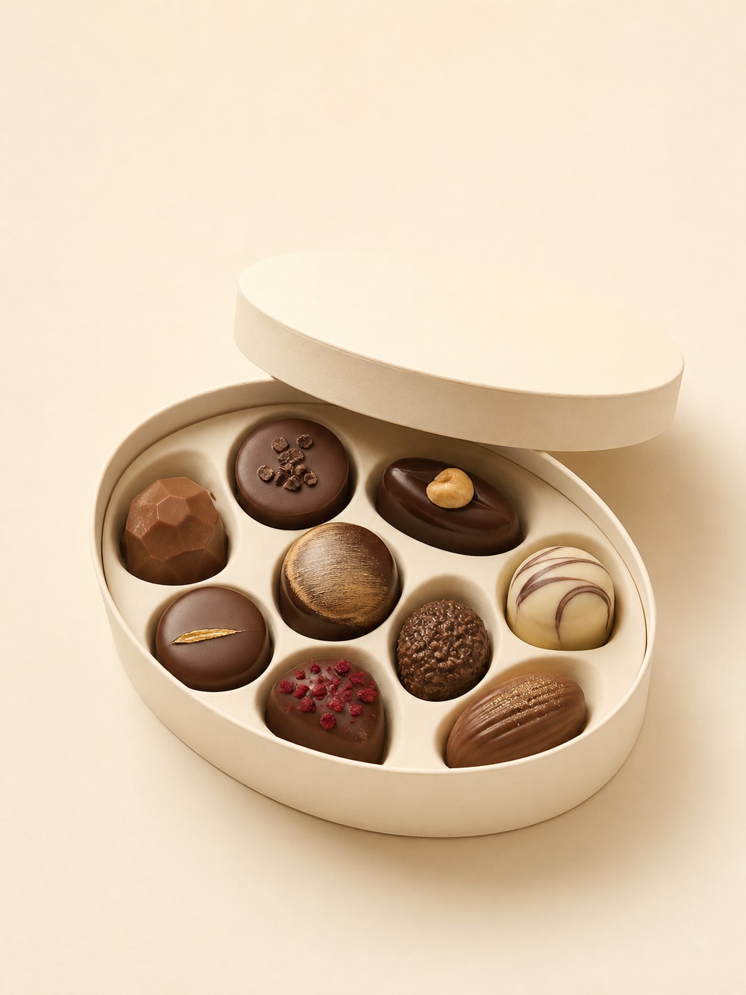 Nine assorted chocolates in an oval gift box