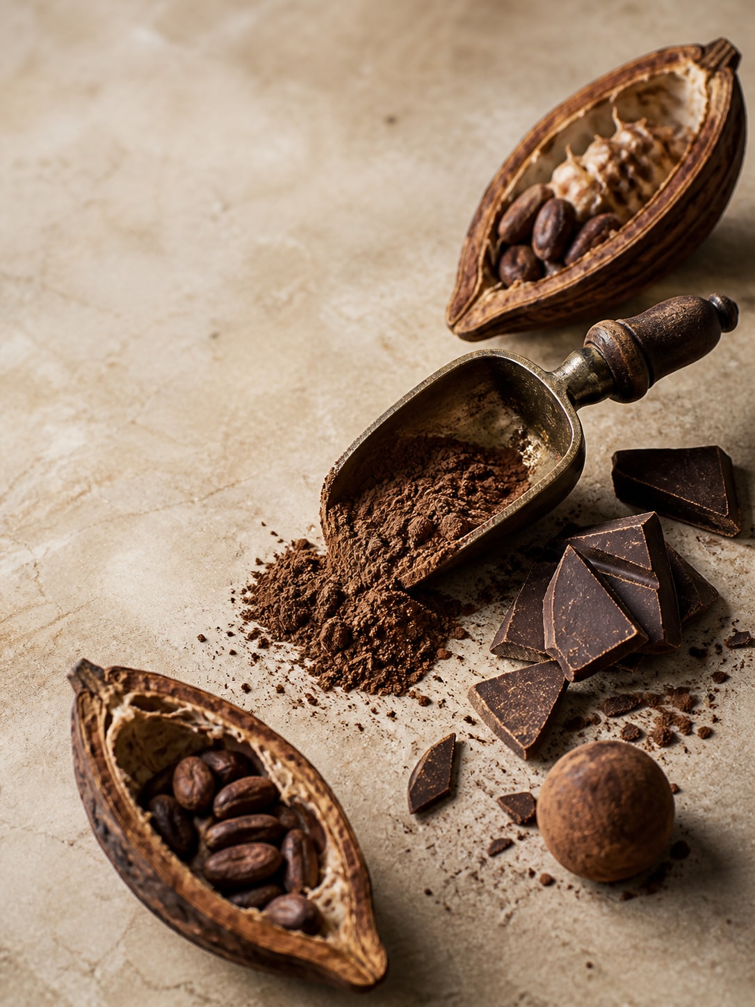 Cocoa powder, cacao pods, truffle and dark chocolate pieces