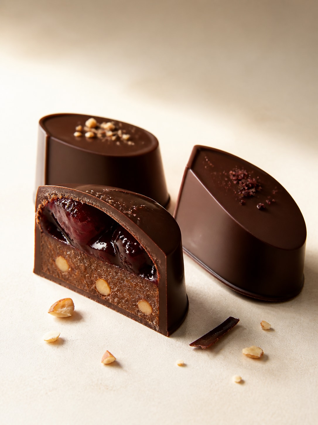 Filled chocolate pralines with cherry and almond