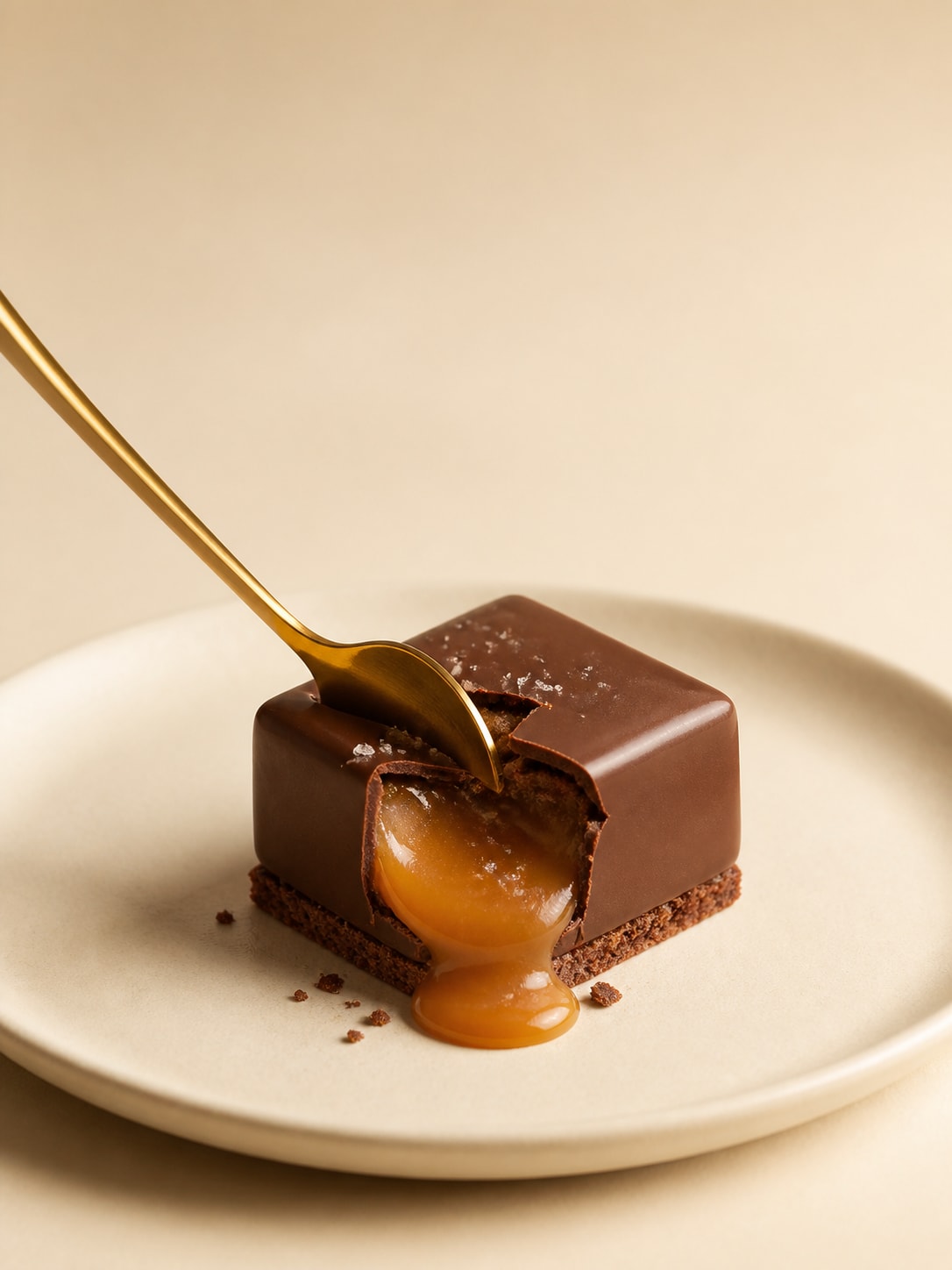 Chocolate caramel cake opened with a spoon