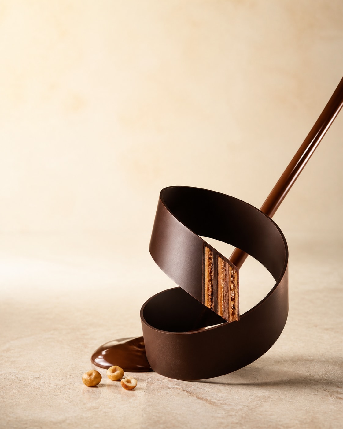 Sculptural chocolate ribbons with a glossy pour
